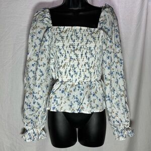 Floral Smocked Square Neck Blouse in Blue & White Size Large 100% Cotton
